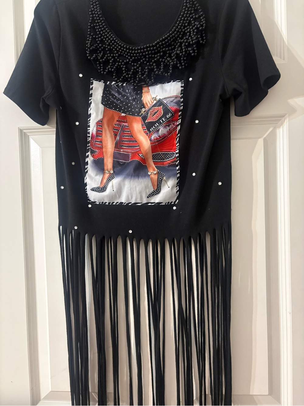 Black Fringe Embellished Graphic Tee with Beaded Collar